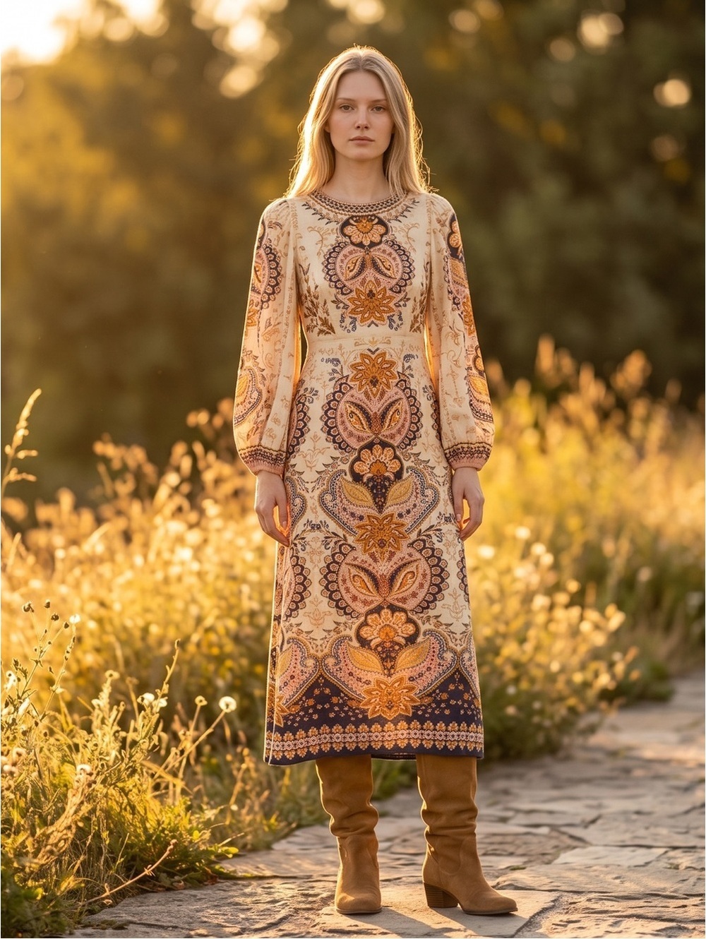 FARM Rio Beige Boho Midi Dress